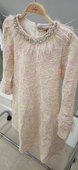 صورة فستان بيج جاكار فاخر بتطريز لؤلؤي وريش ناعم